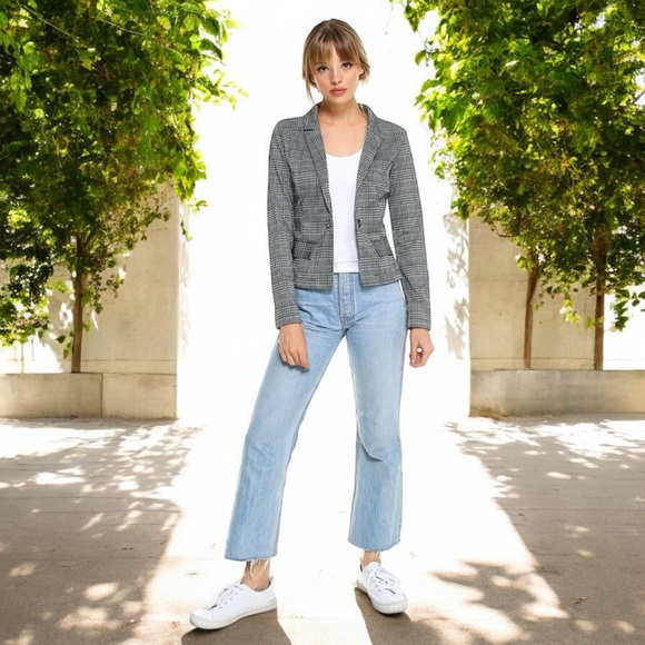 Kaii Los Angeles Black & White Houndstooth Point Plaid Single Button Blazer - Picture 2 of 16